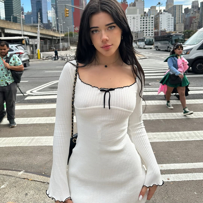 Cross-border women's autumn new fashion contrasting fungus edge slimming dress sexy slim hot girl hip skirt