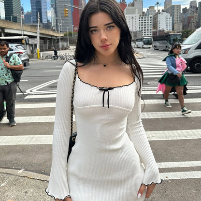 Cross-border women's autumn new fashion contrasting fungus edge slimming dress sexy slim hot girl hip skirt