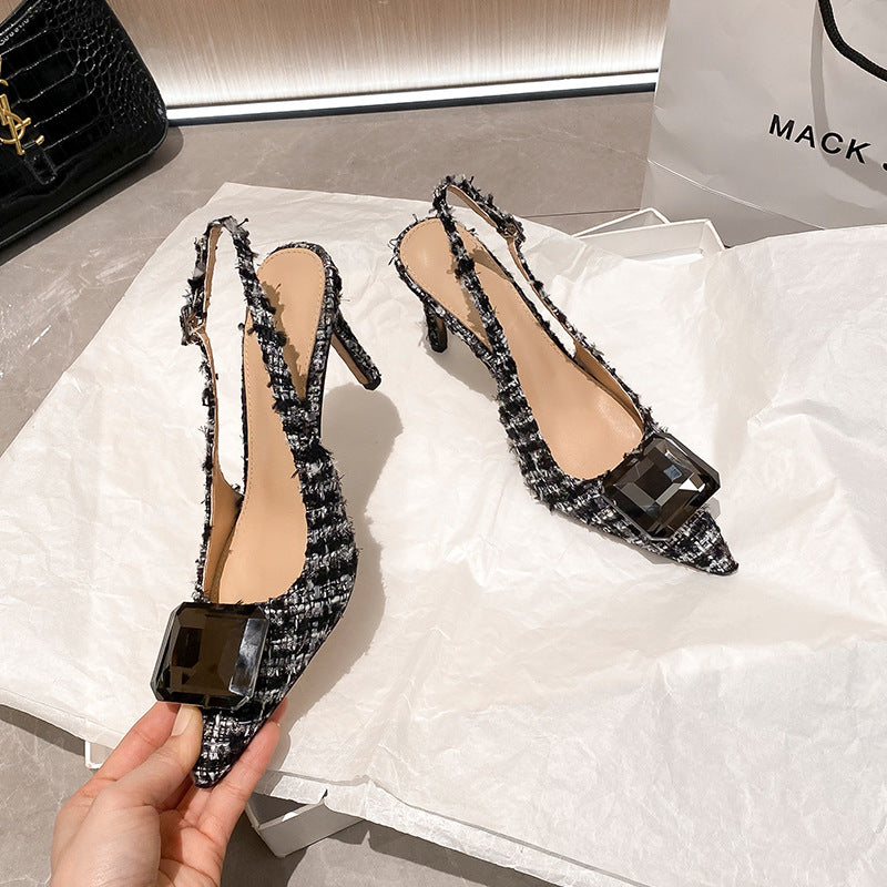 Spring 2026 new temperament toe-wrapped back hollow sandals pointed toe rhinestone thin heel fashion women's shoes woolen lining spring spring