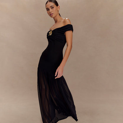 Cross-border new women's European and American style temperament one-shoulder bandeau dress sexy mesh splicing slim hip skirt