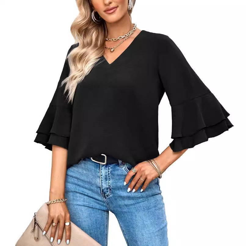 Cross-border Amazon 2023 European and American fashion new foreign trade loose V-neck ruffled sleeve casual top