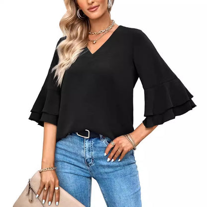Cross-border Amazon 2023 European and American fashion new foreign trade loose V-neck ruffled sleeve casual top