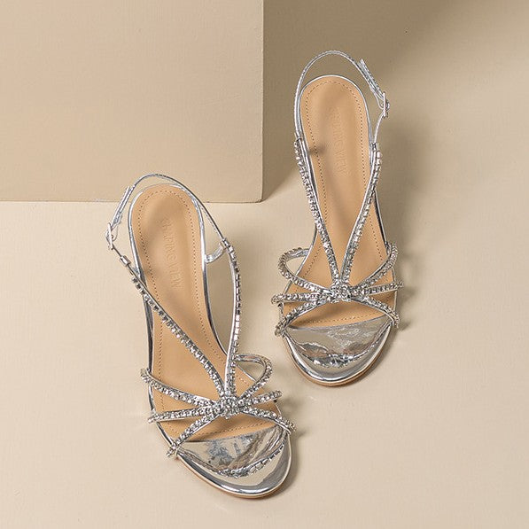 2026 Spring New High Heeled Sandals Women's Round Toe Rhinestone Thin Heel 8cm Commuter Celebrity Microfiber Sole Silver Spring Batch