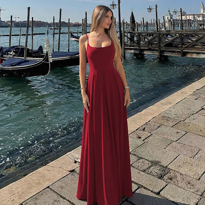 2025 cross-border new European and American style women's fashion solid color U-neck pleated waist long sexy camisole dress