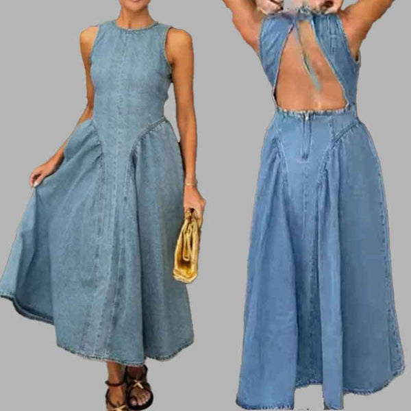 Spring 2026 New Cross-border Amazon Solid Color Fashion Crew Neck Midi Length Waist Sleeveless Vest Dress for Women