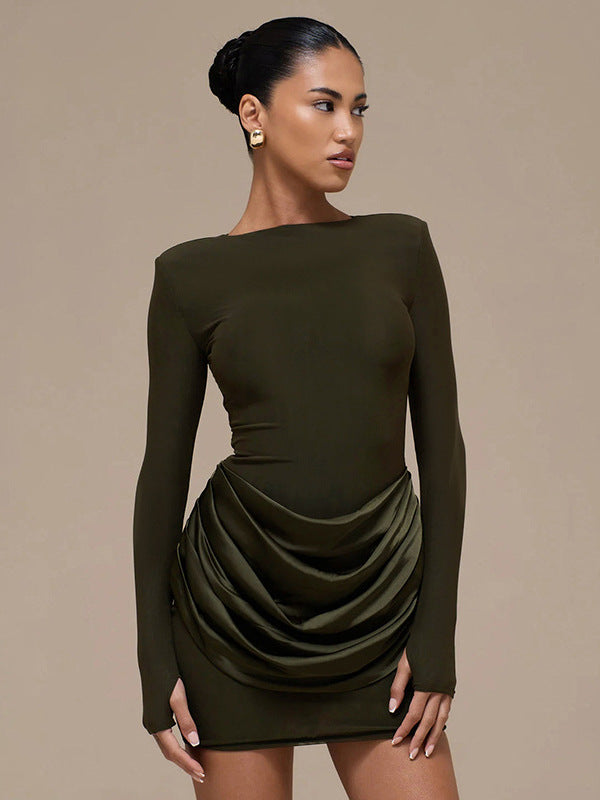 Foreign trade autumn and winter new European and beautiful clothing temperament solid color round neck long sleeve short pleated slim hip dress for women | Ciaura