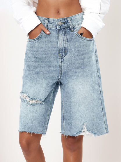 2025 cross-border summer American high-waisted retro worn jeans women's distressed loose raw edge cropped pants are cool