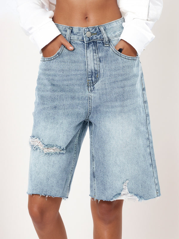 2025 cross-border summer American high-waisted retro worn jeans women's distressed loose raw edge cropped pants are cool