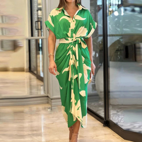 Spring 2026 new European and beautiful clothing temperament fashion printed lapels short sleeves high waisted shirts spring and summer dresses