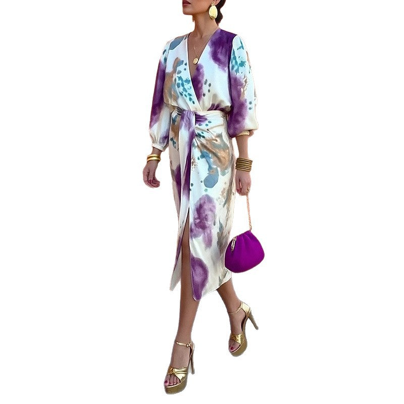 Conjunto de duas peças Amazon European Beauty Clothing Chic com decote em V, manga comprida e racha sexy