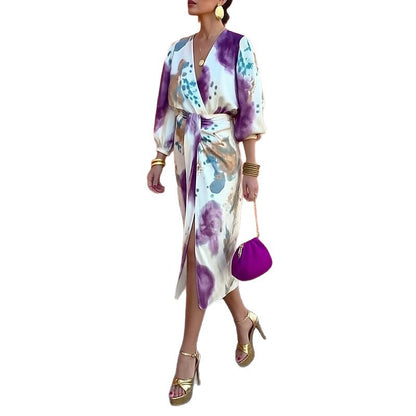 Conjunto de duas peças Amazon European Beauty Clothing Chic com decote em V, manga comprida e racha sexy