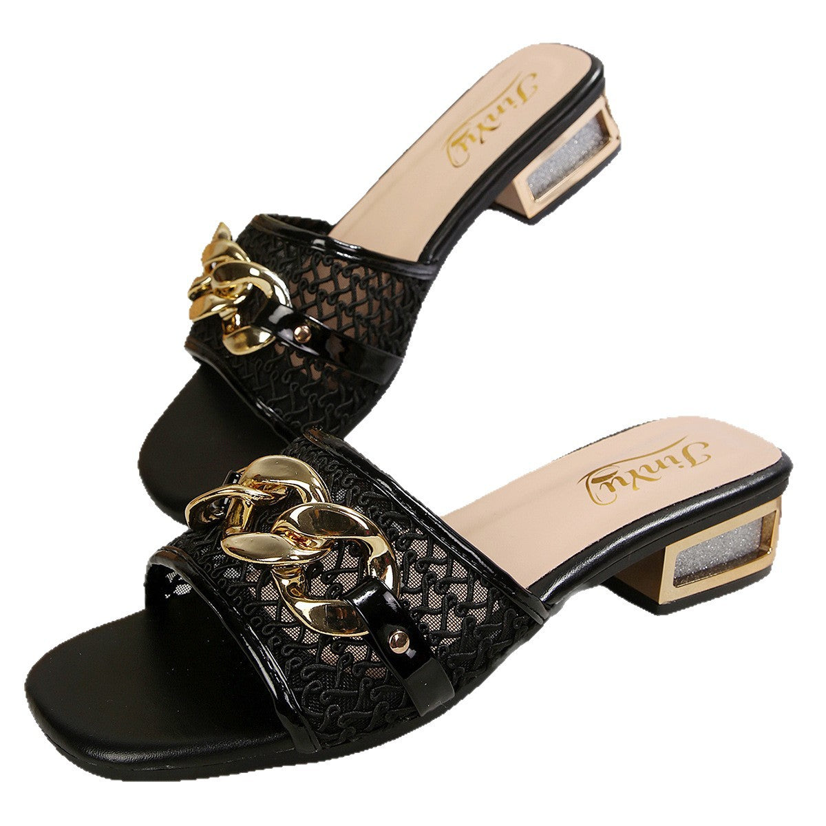 European and American cross-border foreign trade wholesale high-heeled sandals for women, elegant chain decorative buckle square-toe sandals