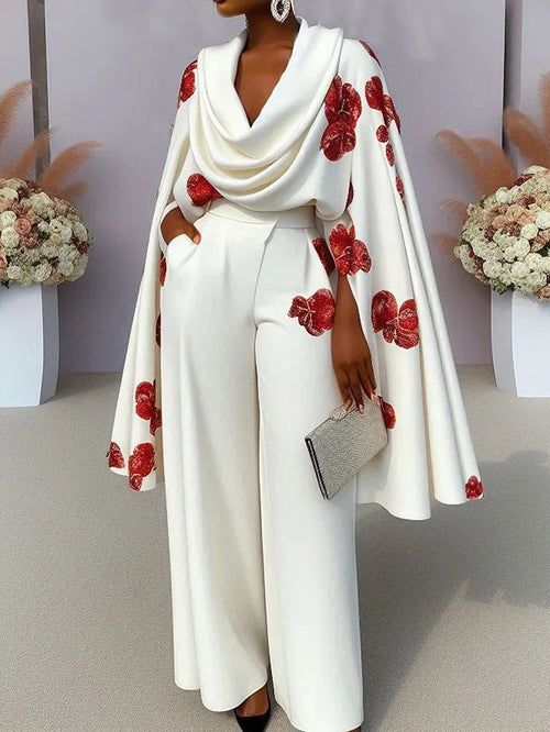 Conjunto de Senhora 2 Peças Europeu Importado: Blusa Manga Comprida Gola Alta Estampada + Calças — Nova Coleção Loja Independente Cross-Border