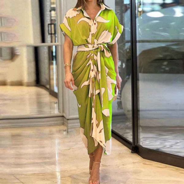 Foreign Trade 2026 Amazon INS European and American Cross-border Women's Printed Lapel Short Sleeve High Waist Long Shirt Dress