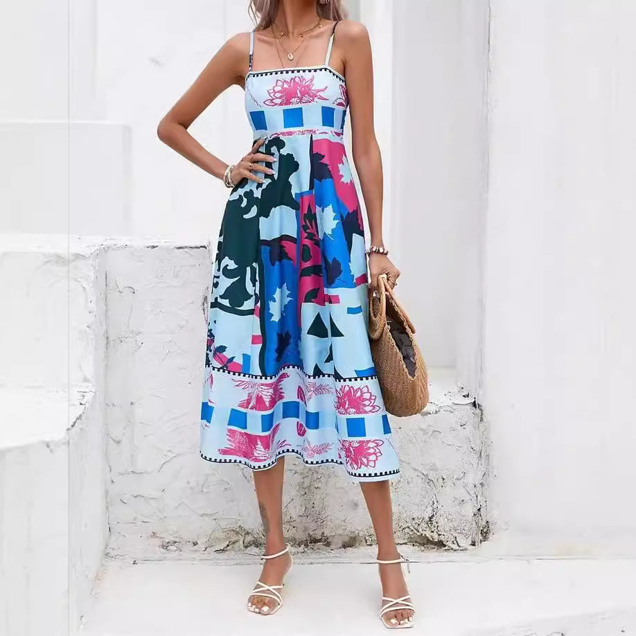 Europe and the United States 2023 Foreign Trade Cross-border Independent Station Summer Women's Clothing Sexy Positioning Printed Suspender Sleeveless Swing Dress