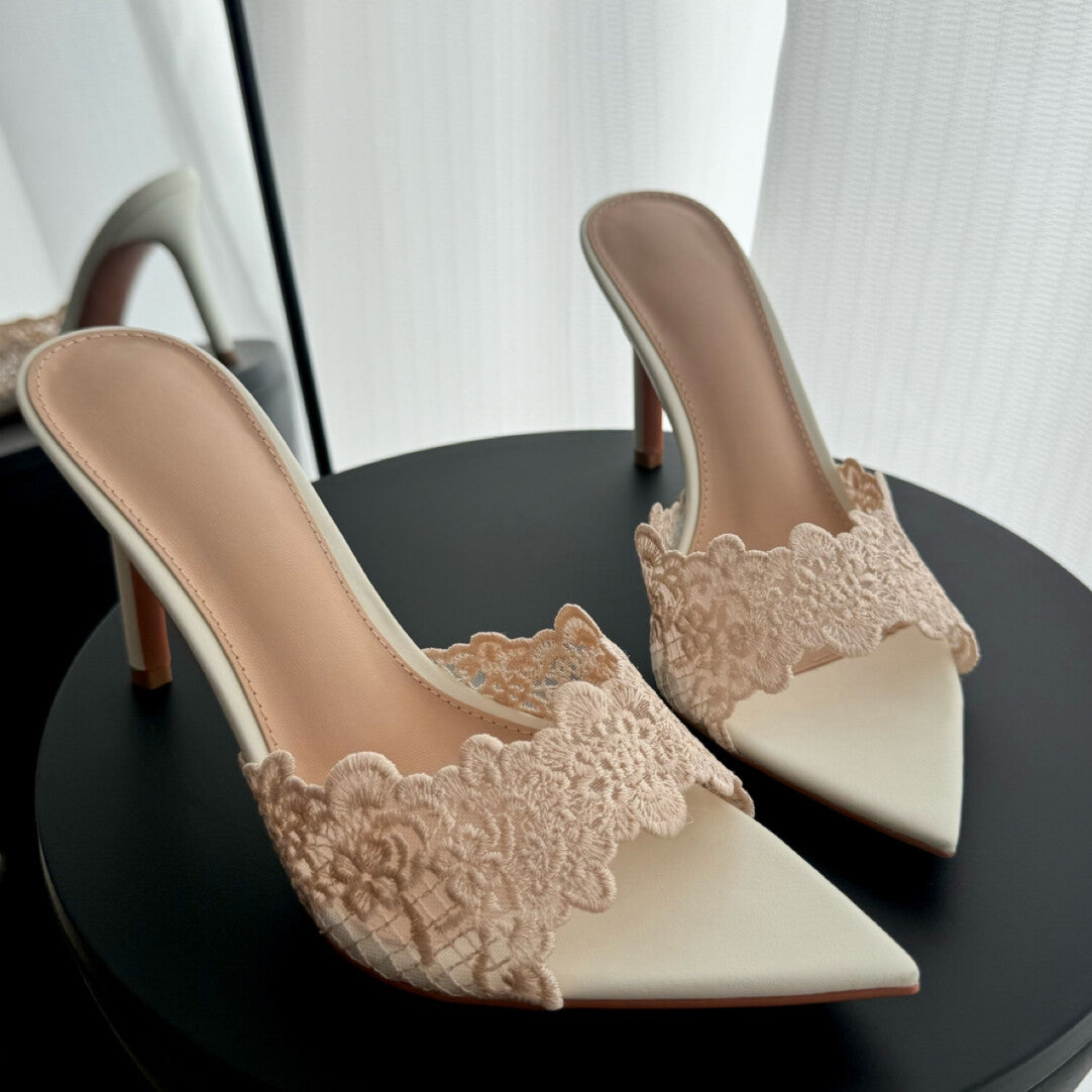 WO Huizhou 2026 Summer High Heels Light Luxury High-End Lace Pointed Toe Thin Heel Slippers European and American Fashion Temperament