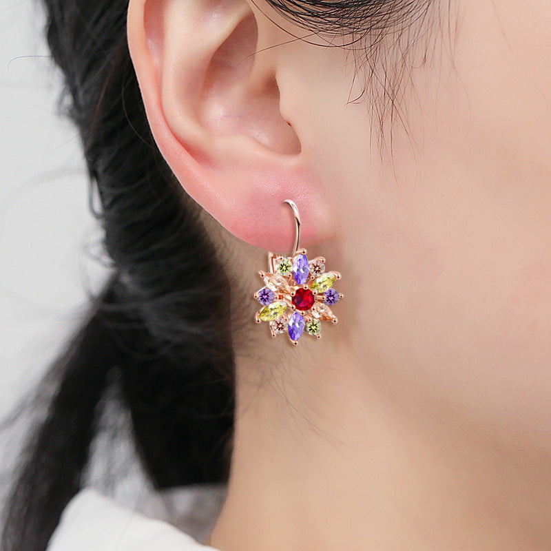 RAKOL European and American Fashion Classic Geometric Floral Colorful Zircon Earrings for Women, Personalized Simple Versatile Earrings and Studs