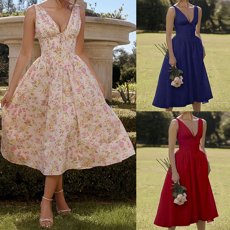 2026 independent station new European and American clothing temperament elegant and fashionable open back printed suspender sexy European and American dress