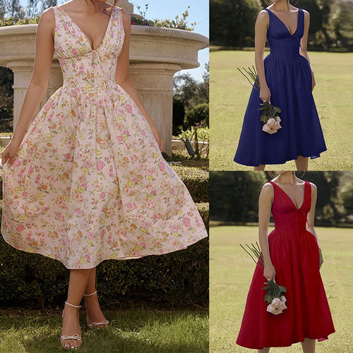 2026 independent station new European and American clothing temperament elegant and fashionable open back printed suspender sexy European and American dress