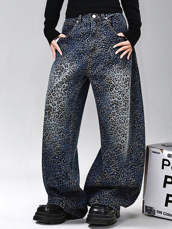 Autumn plus-size women's leopard print curved knife pants, distressed trendy brand loose street tough American vintage street-bombing jeans
