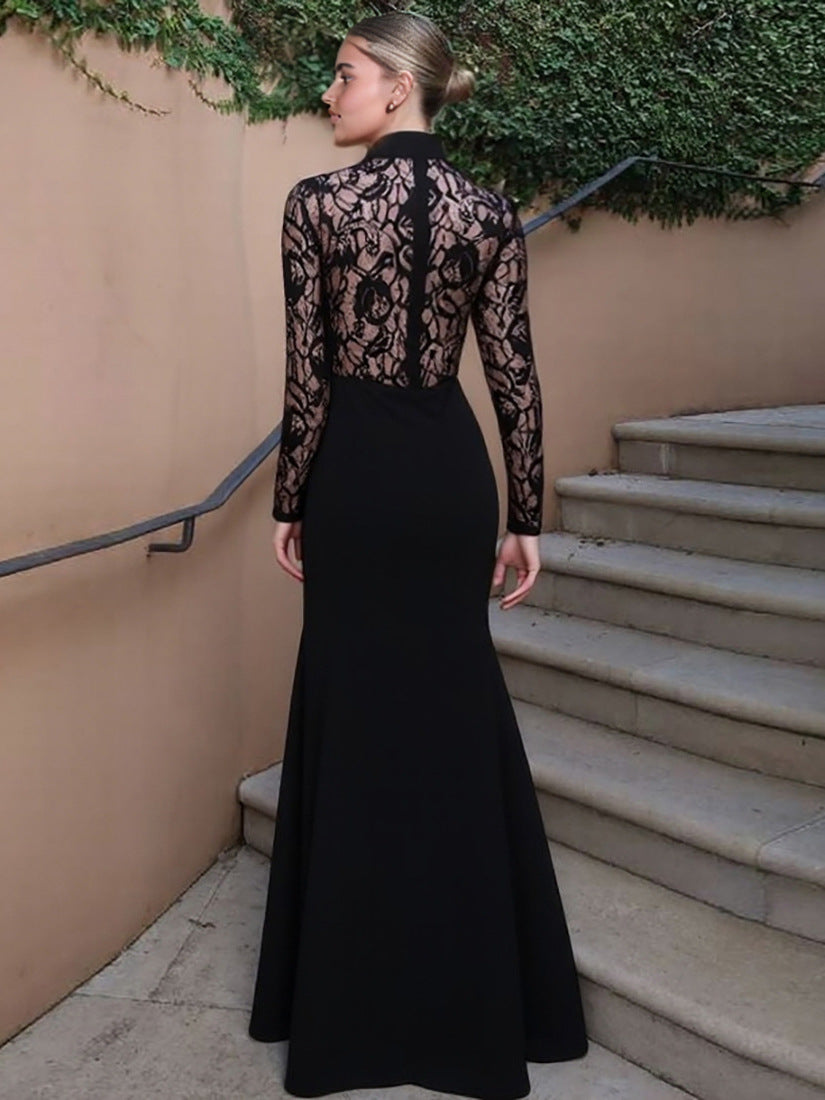 Foreign trade autumn and winter new women's clothing European and American style sexy hollow see-through lace spliced long sleeve slim hip wrap dress