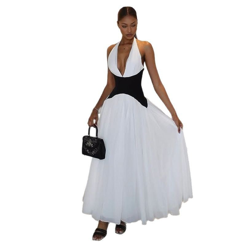 Foreign trade summer new European and beautiful clothing fashion contrast sexy deep V sleeveless halterneck waist swing dress for women