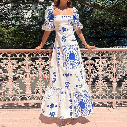 2026 AliExpress European and American clothing temperament elegant fashion printed lantern short sleeve A-line large swing European and American dress