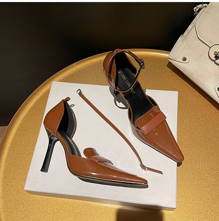 Poplar forest small square toe brown high heels women's stiletto heels 2026 new temperament side hollow single shoes women's shoes high heel sandals