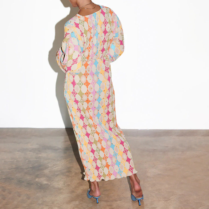 Cross-border 2026 European and American women's clothing elegant temperament print elegant V-neck lantern half sleeve A-line European and American dress for women