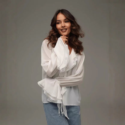 2025 Spring New Cross-border European and American Women's Wear Temperament Solid Color V-Neck Flare Long Sleeve Ruffle Loose Shirt Women