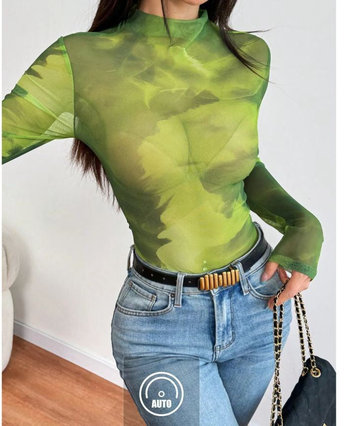Cross-border 2025 spring and autumn new niche design slim long-sleeved top spliced with gradient color sexy long-sleeved top thin