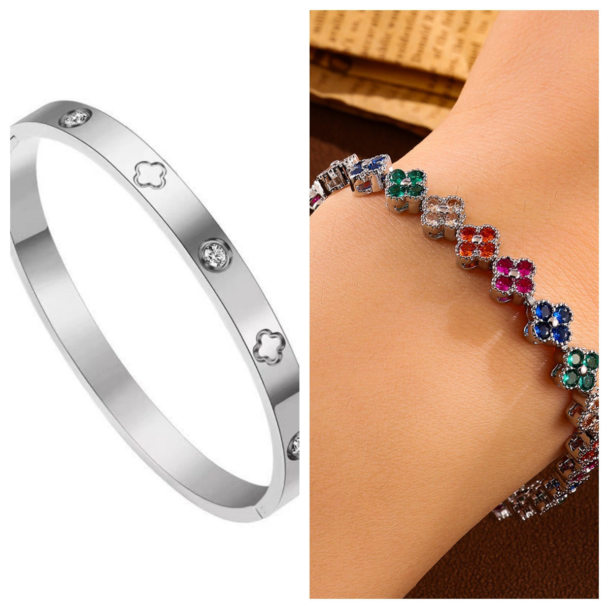 Cross-border stainless steel 18k gold gold heart bracelet for women, light luxury, niche, high-end four-leaf clover bracelet set