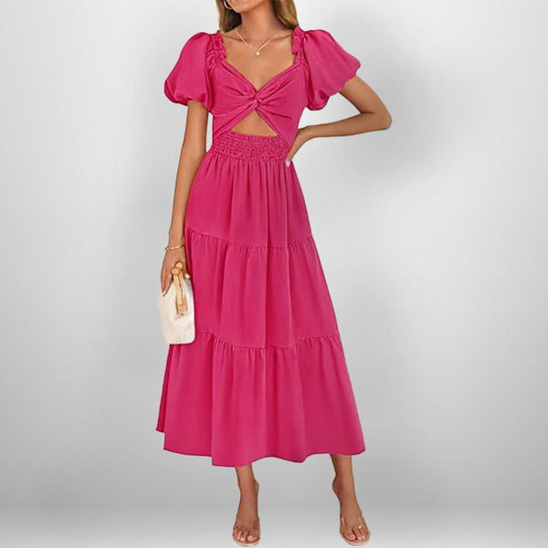 Cross-border 2025 spring trend women's new solid color fashion V-neck long puff sleeve temperament slimming dress