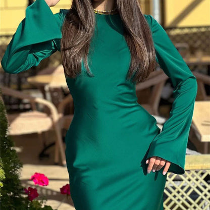 Amazon European and American foreign trade women's new French elegant solid color crew neck waist long sleeve temperament dress 661