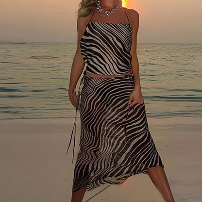 2026 spring new cross-border European and American fashion casual leopard print sexy open back halterneck vest mid-length suit for women