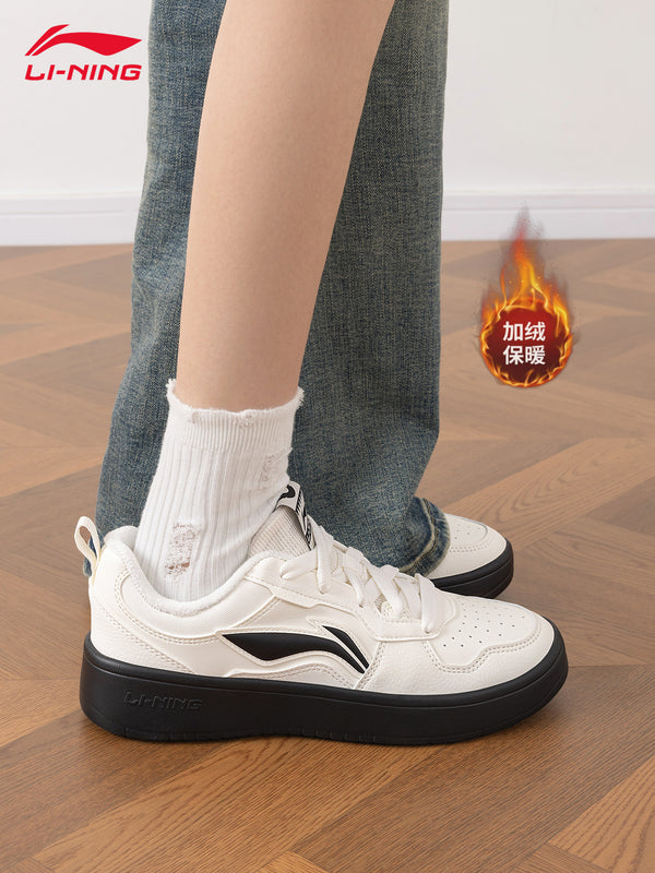 Li-Ning sneakers for women, 2026 winter new Chuyun classic casual shoes, fleece-lined warm sports shoes, white sneakers