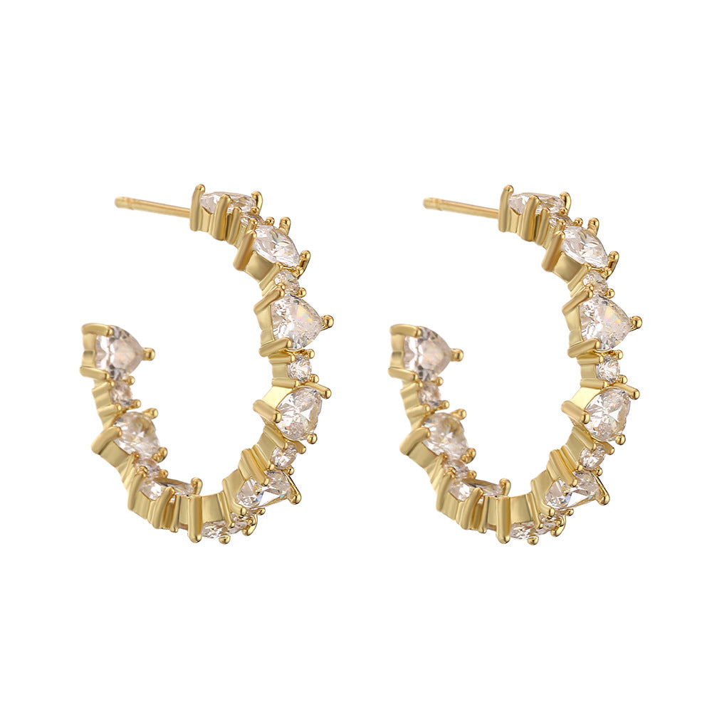Fashionable commuting niche, high-end versatile C-shaped earrings, simple sweet and cool gemstone square zircon earrings, earrings for women