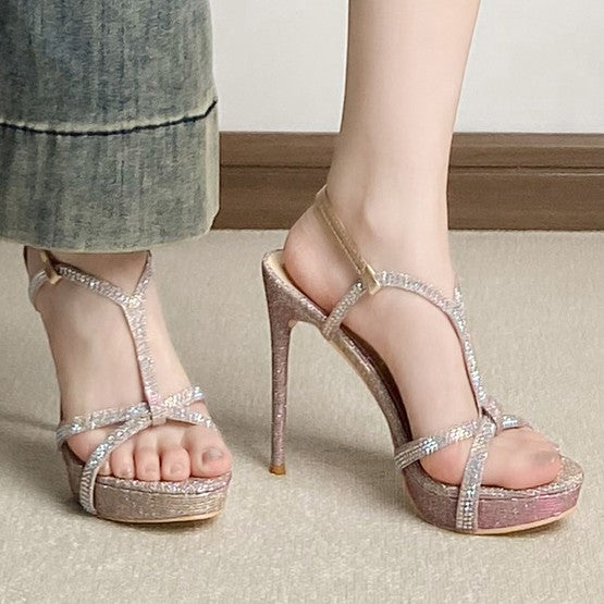 WO Huizhou 2026 new platform high heels, European and American fashion rhinestone cross belts, Greit mermaid thin heels