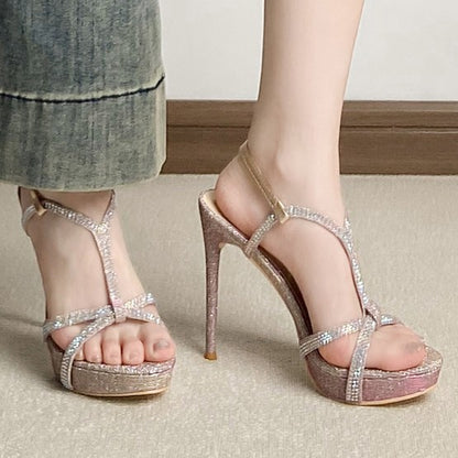 WO Huizhou 2026 new platform high heels, European and American fashion rhinestone cross belts, Greit mermaid thin heels