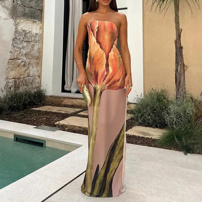 Spring 2026 cross-border cross-border European and American fashion sleeveless off-the-shoulder bandeau sexy backless printed dress for women