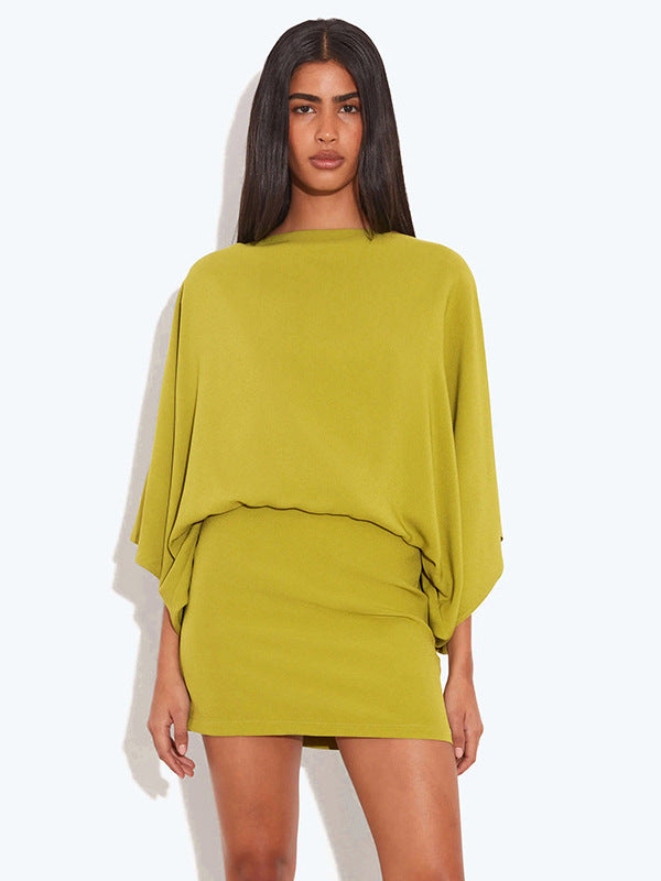 Foreign trade autumn and winter new European and beautiful clothing temperament solid color crew neck bat long sleeve open back short loose dress for women | Ciaura
