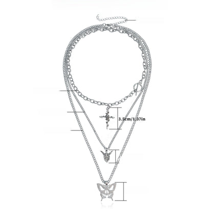 European and American cross-border jewelry, trendy multi-layer hollow butterfly, rose, cross, sweater, necklace, women's Korean version of the necklace