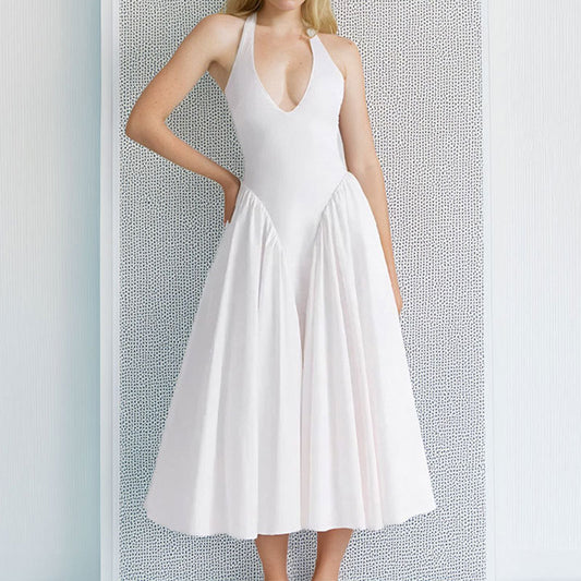 2025 Spring Amazon European and American Women's New Sexy Fashion Halterneck Solid Color Sleeveless Waist Hem Dress