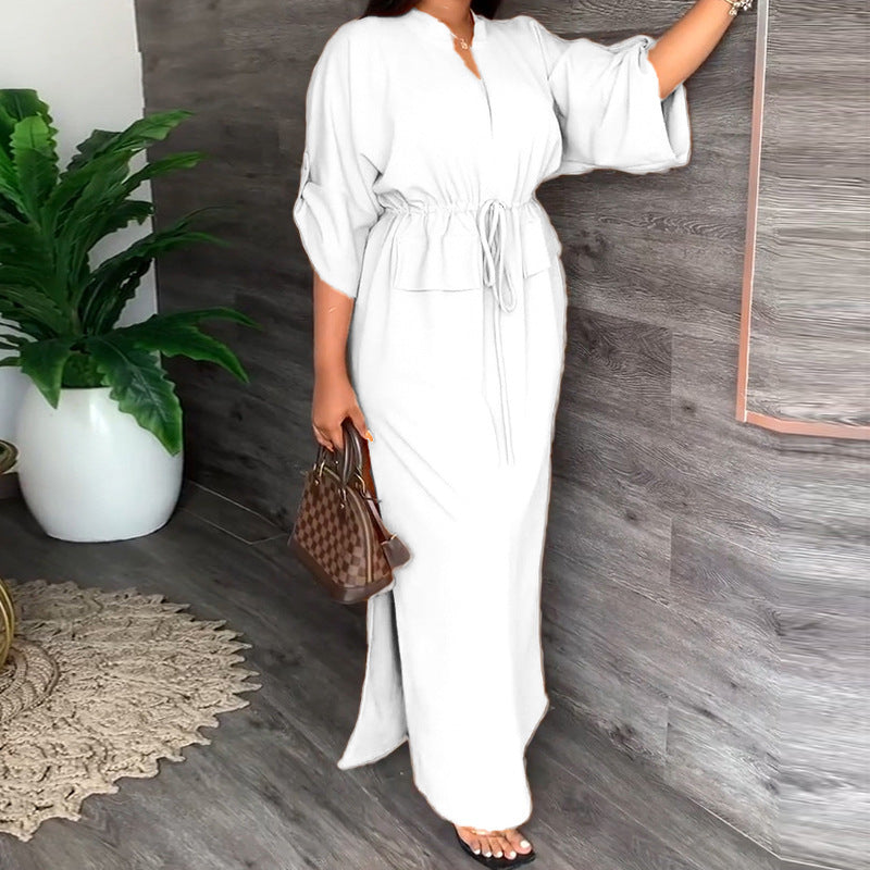 2026 New Amazon European and American Clothing Temperament V-neck solid color lace-up waist loose casual casual plus size dress