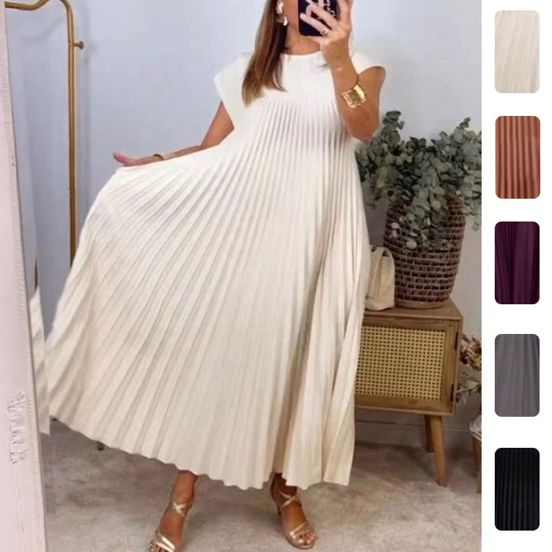 2026 Spring New Dress Cross-border European and American Clothing Elegant and Fashionable Crew Neck Sleeveless Pleated Long Dress