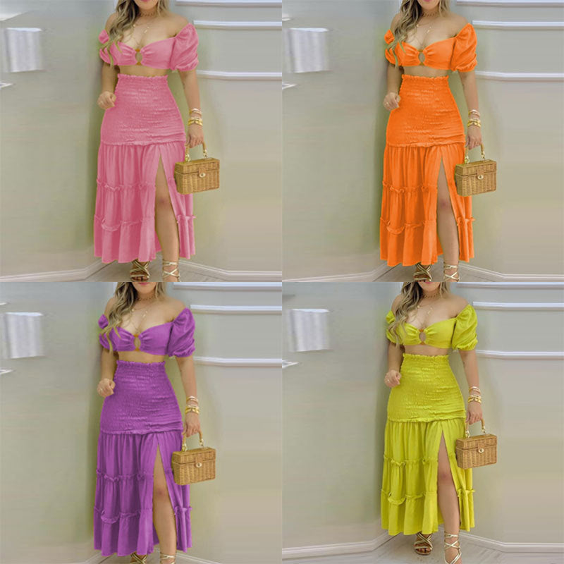 2026 Spring New Cross-border European and American Clothing Sexy Printed Bandeau Vest High Waist Slit Skirt Set 661