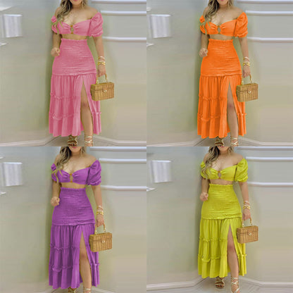 2026 Spring New Cross-border European and American Clothing Sexy Printed Bandeau Vest High Waist Slit Skirt Set 661