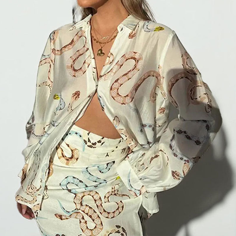 2026 foreign trade European and American new women's clothing elegant snake print shirt long sleeve slit skirt loose suit
