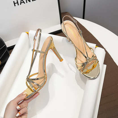 WO Huizhou New Patent Leather Stiletto Heel Sandals Gold European and American Open Toe Versatile Temperament Fashionable and Beautiful Round Toe