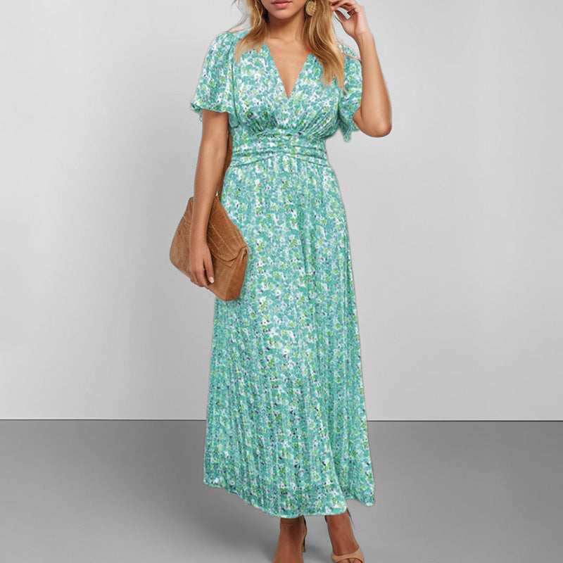 2026 spring new cross-border European beauty fashion printed temperament V-neck ruffled sleeve large swing long dress